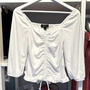 White Swiss Dot Puff Sleeve Ruffle Top with Sweetheart Neckline